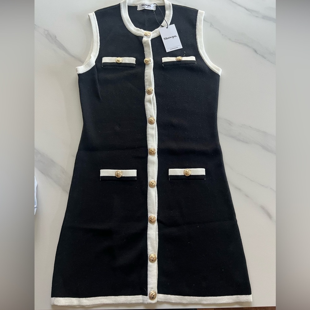 SHOWPO Black and White Sleeveless Dress with Gold Buttons